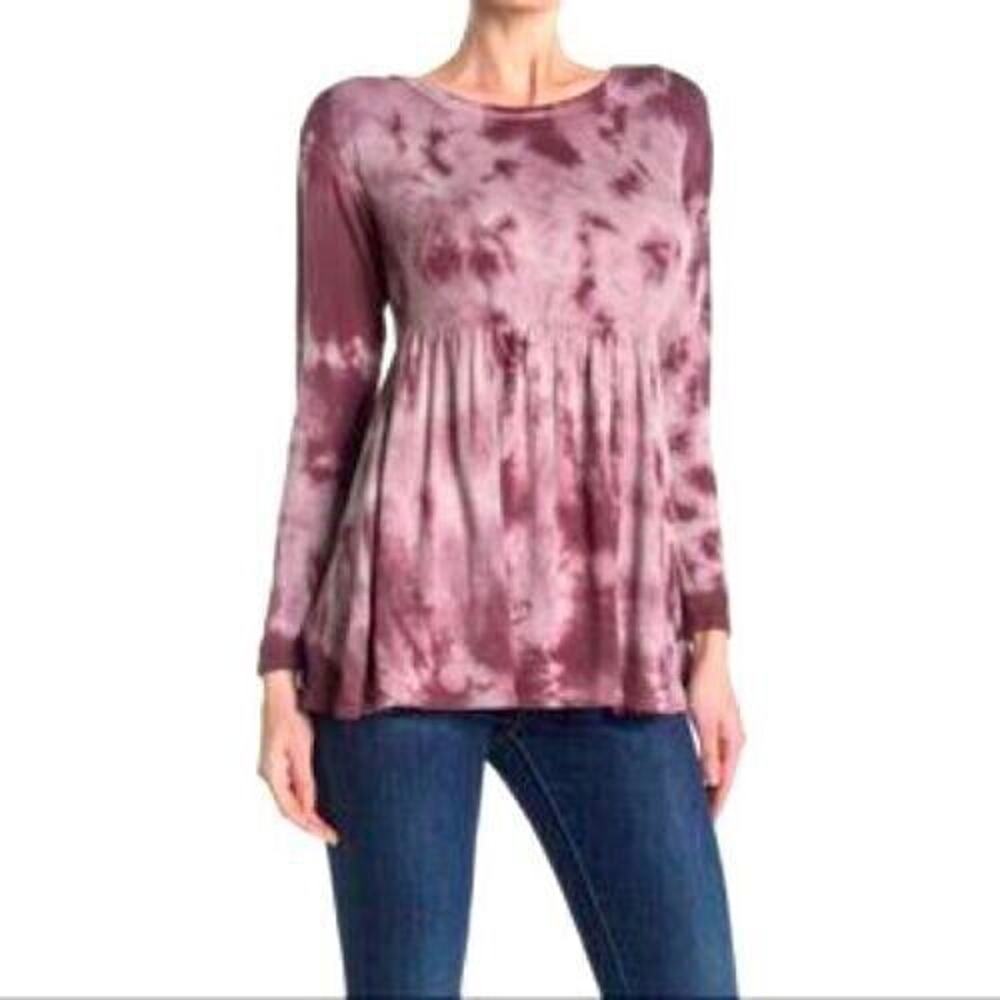 Baea Womens Tie Dye Long Sleeve Peplum Tunic Top In Tie Dye Plum XLarge MSRP $88